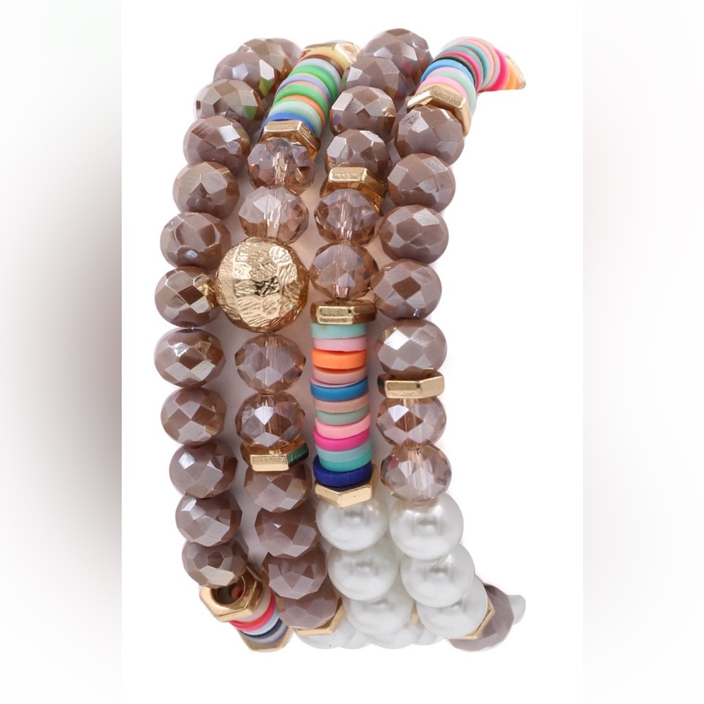 J713. Multi Stand 4 Beaded Bracelet Set in Mink & Multi color